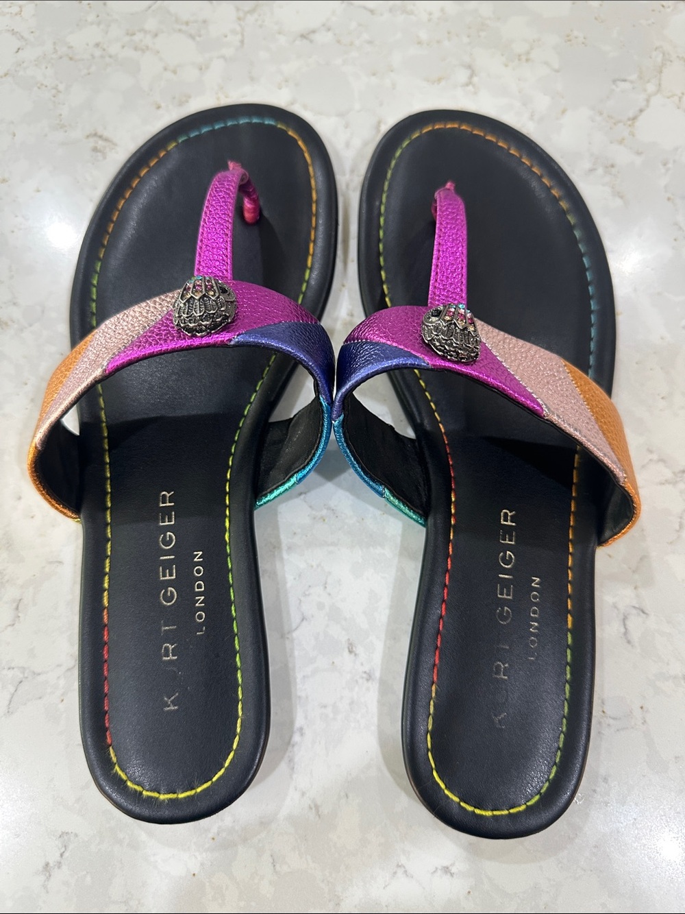 Kurt Geiger Kensington Metallic Rainbow Leather Logo Ornament T-Bar Sandals - Picture 6 of 6